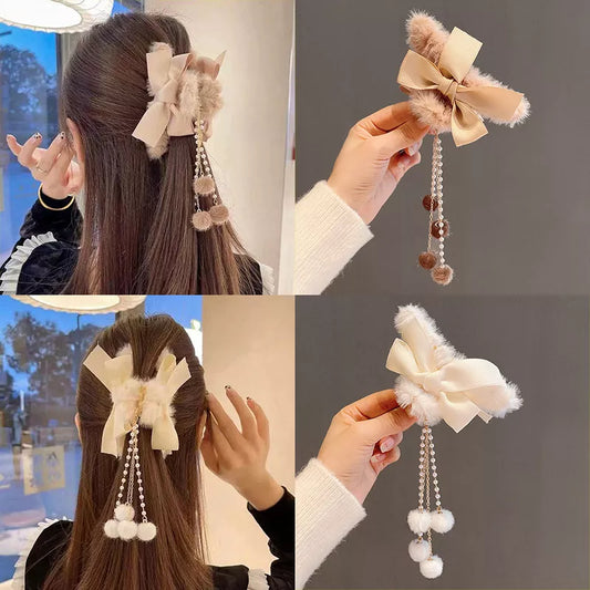 Faux Fur Hair Clips With Detachable Tassel