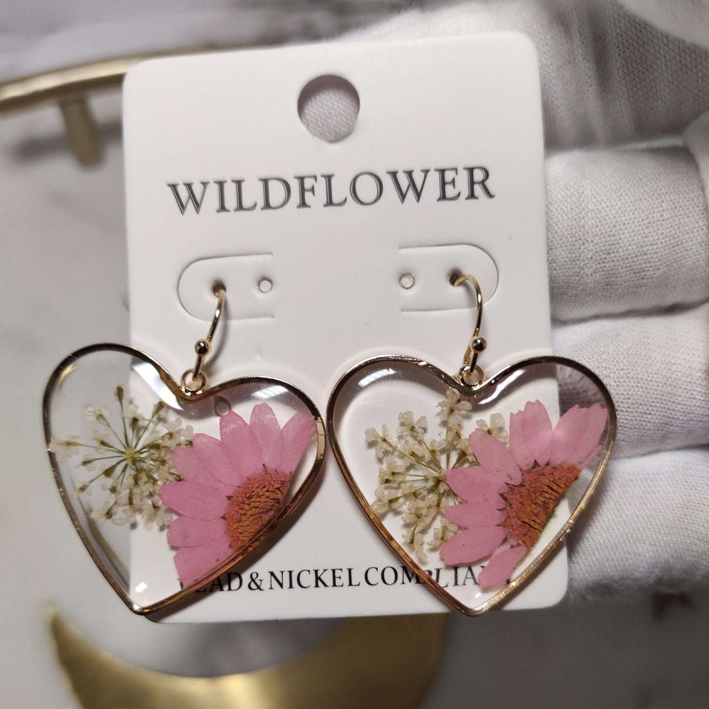 Pink Flower Heart Transparent Earrings