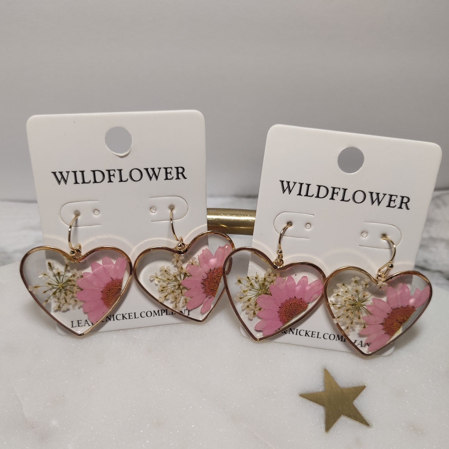 Pink Flower Heart Transparent Earrings