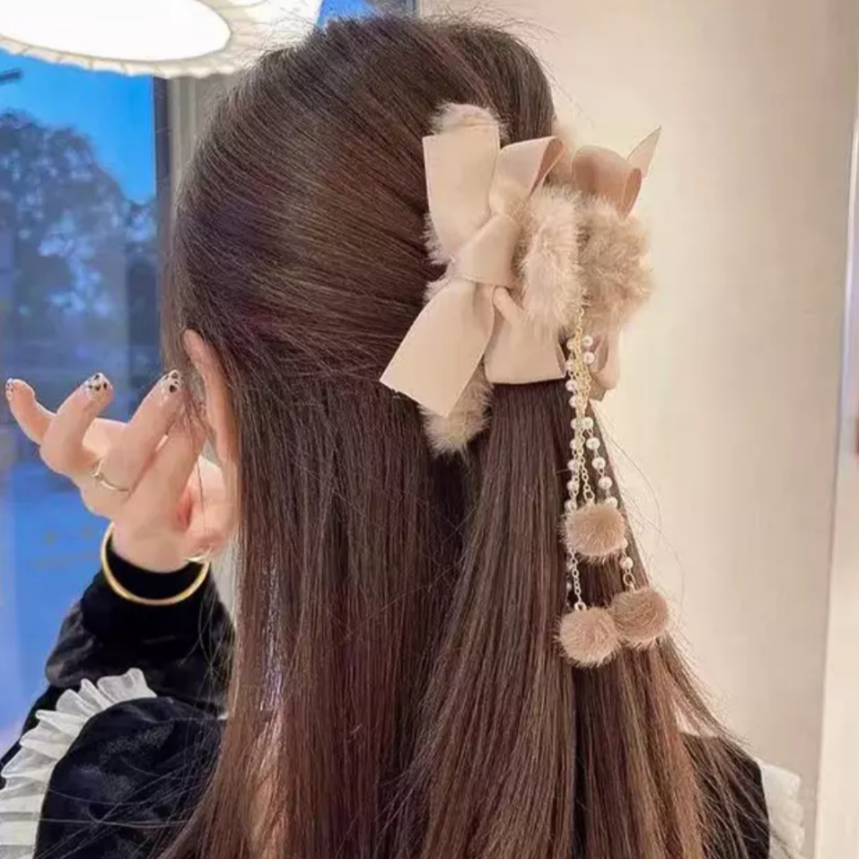 Faux Fur Hair Clips With Detachable Tassel